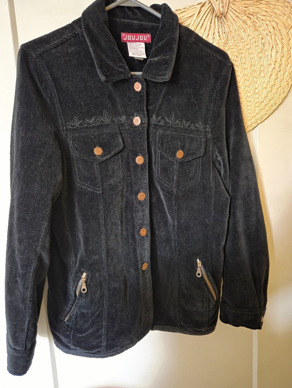 Jou Jou Black Velvet Button-Up Jean Jacket with Zipper Pockets